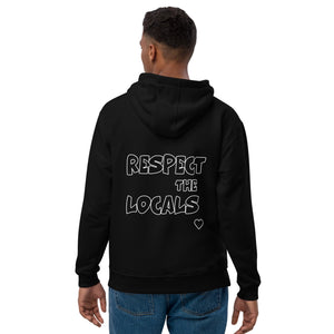 "Respect the Locals" with shark teeth over your heart premium eco hoodie by designer/Shark conservationist and biologist @FaithWFins