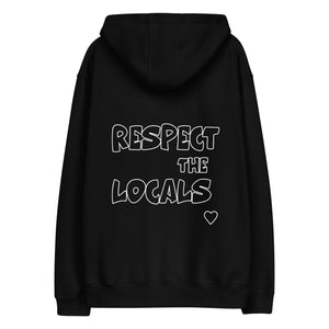 "Respect the Locals" with shark teeth over your heart premium eco hoodie by designer/Shark conservationist and biologist @FaithWFins