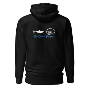 Shark Smile Front, One Ocean Designs Logo back. Sharky Unisex Hoodie