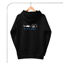 Shark Smile Front, One Ocean Designs Logo back. Sharky Unisex Hoodie