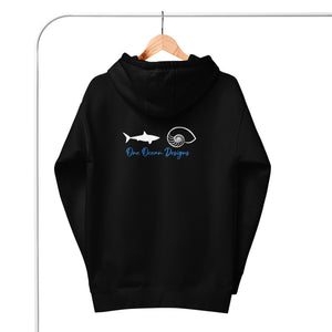 Shark Smile Front, One Ocean Designs Logo back. Sharky Unisex Hoodie