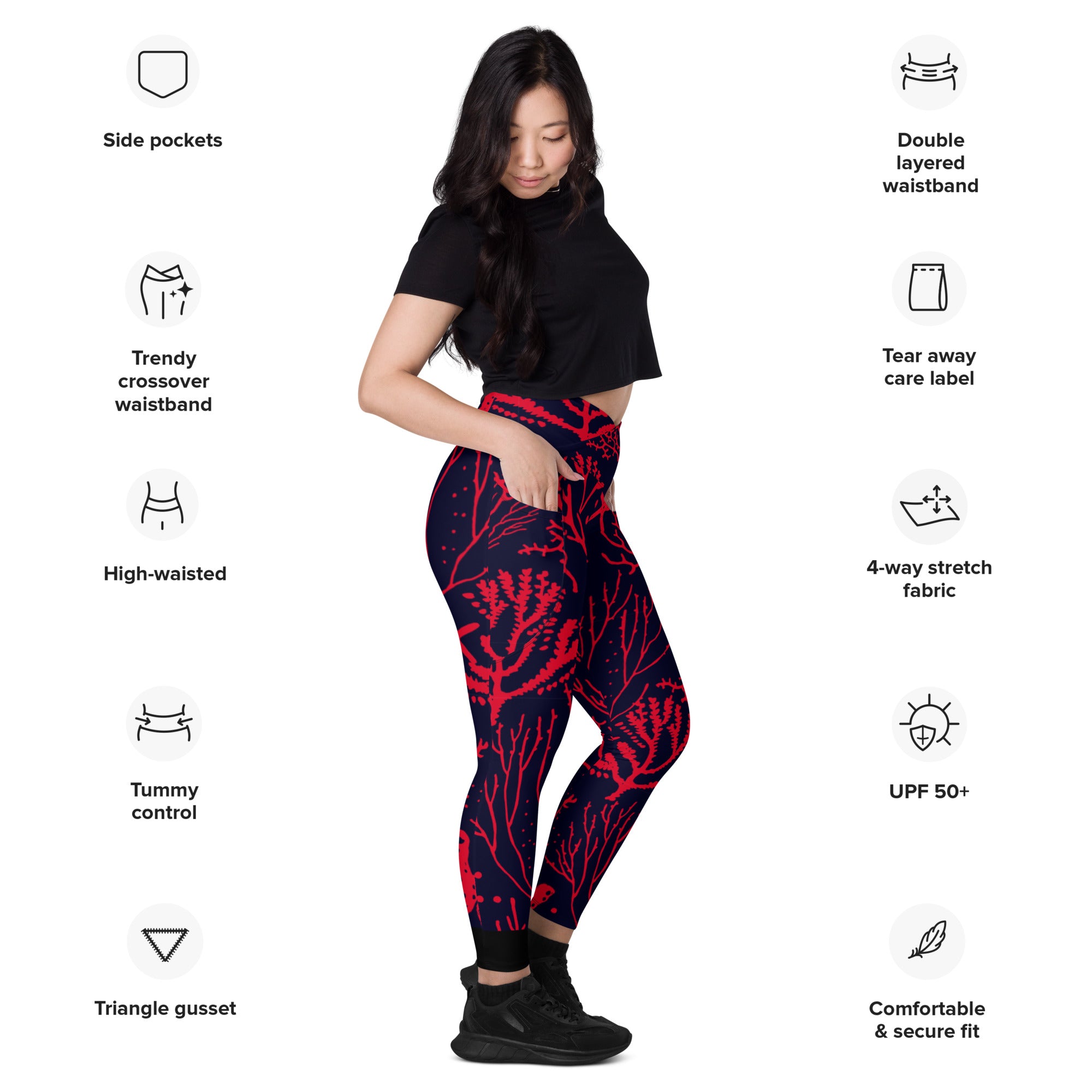 Save The Reef Red Crossover leggings with pockets – OneOceanDesigns