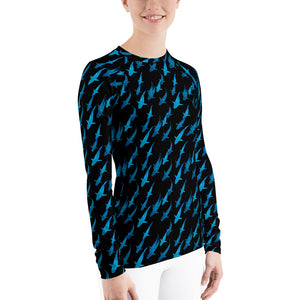 One Ocean Logo Research Blue Lady Shark Women's Rash Guard
