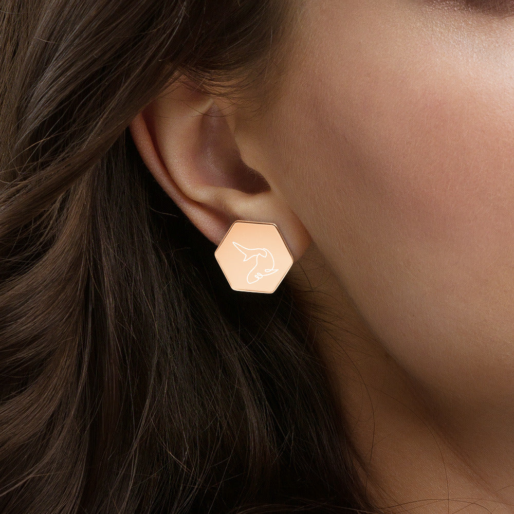 Rose gold or gold coated sterling silver shark design Hexagon Stud Earrings