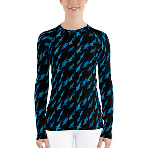 One Ocean Logo Research Blue Lady Shark Women's Rash Guard
