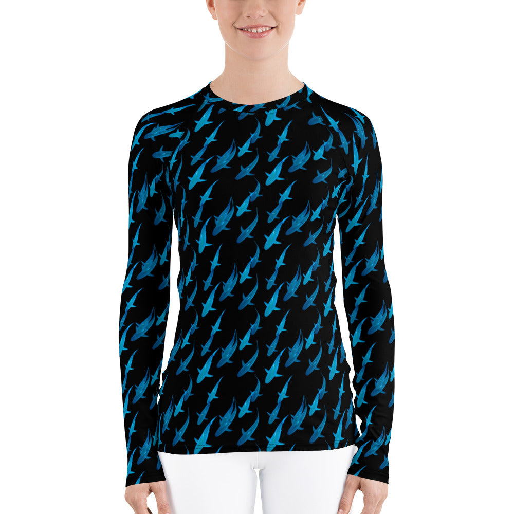One Ocean Logo Research Blue Lady Shark Women's Rash Guard