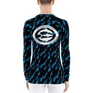 One Ocean Logo Research Blue Lady Shark Women's Rash Guard