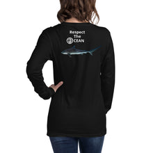 Respect the OCEAN Unisex Long Sleeve Tee.  Featuring "Pirate" The Maldivian Tiger Shark for the Nature friends of Maldives benefit.