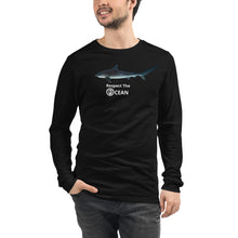 Respect the OCEAN Unisex Long Sleeve Tee.  Featuring "Pirate" The Maldivian Tiger Shark for the Nature friends of Maldives benefit.