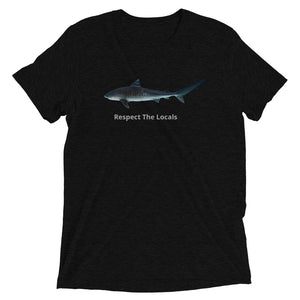 Respect The Locals tri-blend short sleeve shirt benefit design for Nature Friends of Maldives features "Pirate" The Tiger Shark from diving with pelagic Divers Fuvahmulah in the significant-to-marine-life island #Fuvahmulah #SharkIsland
